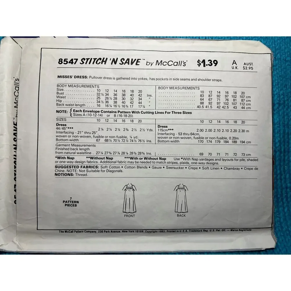McCalls 8547 Sewing pattern apron dress tent dress size 10 12 14